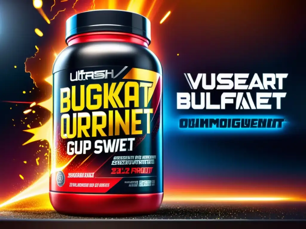 Musculatura poderosa: el impacto del preentrenamiento Un brazo musculoso agarra un envase de preentrenamiento con una bebida energética explosiva, rodeado de luces dinámicas y energizantes