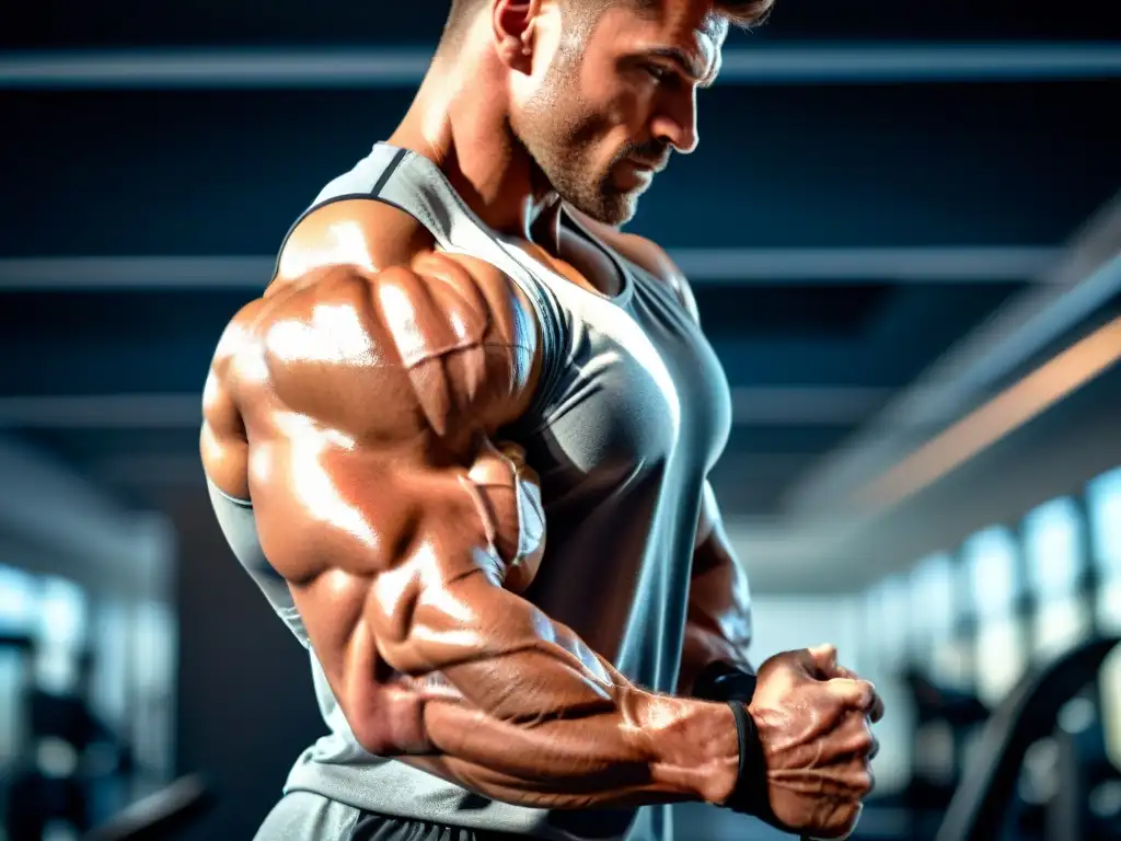 Brazo musculoso levantando peso en un gimnasio moderno Un brazo musculoso levanta peso en un gimnasio moderno y bien iluminado