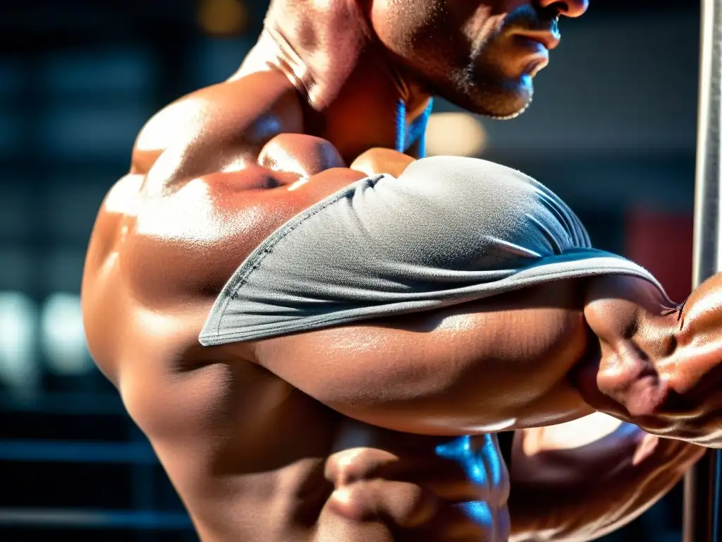 Un brazo musculoso levantando peso con determinación y concentración intensa