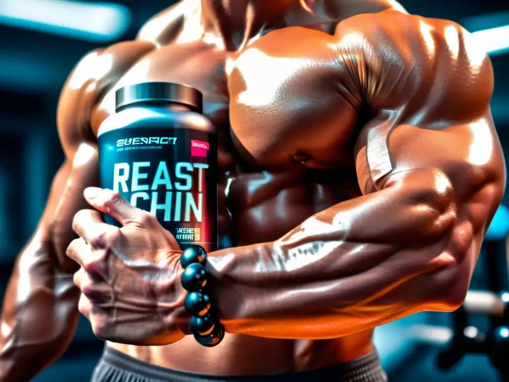 Musculatura definida y suplemento futurista en un entorno de gimnasio Un brazo musculoso sostiene un suplemento moderno, con un ambiente de gimnasio futurista y una expresión enfocada