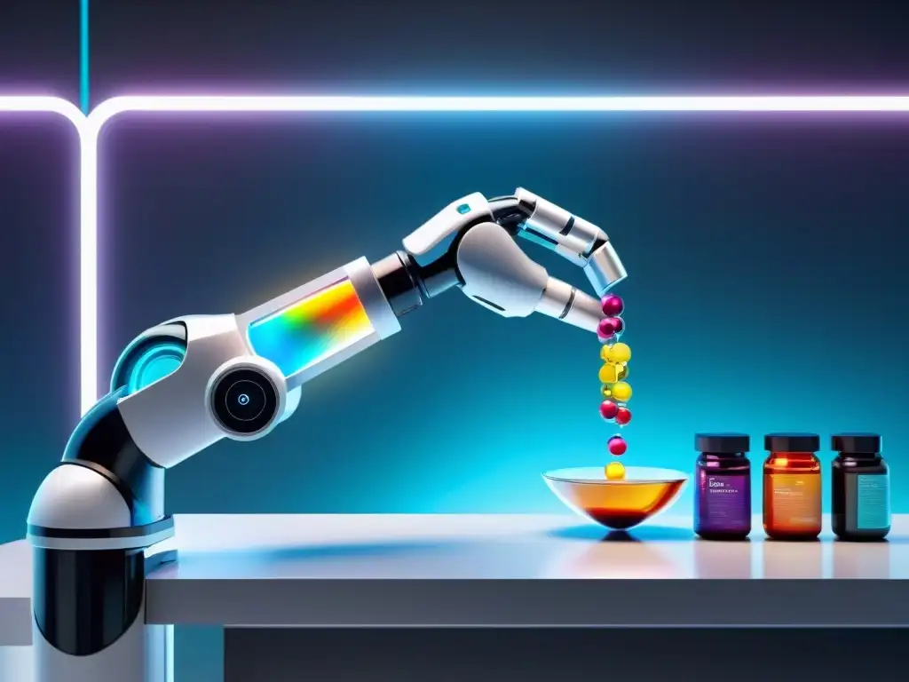 Robótica armónica recoge suplementos nutricionales Un brazo robótico futurista alcanza suplementos nutricionales en un laboratorio de alta tecnología