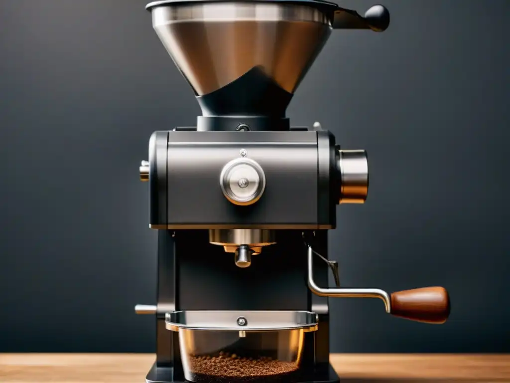 Molienda perfecta: Café fresco y energía en movimiento Una cafetera moderna negra mate muele café con vapor, evocando energía