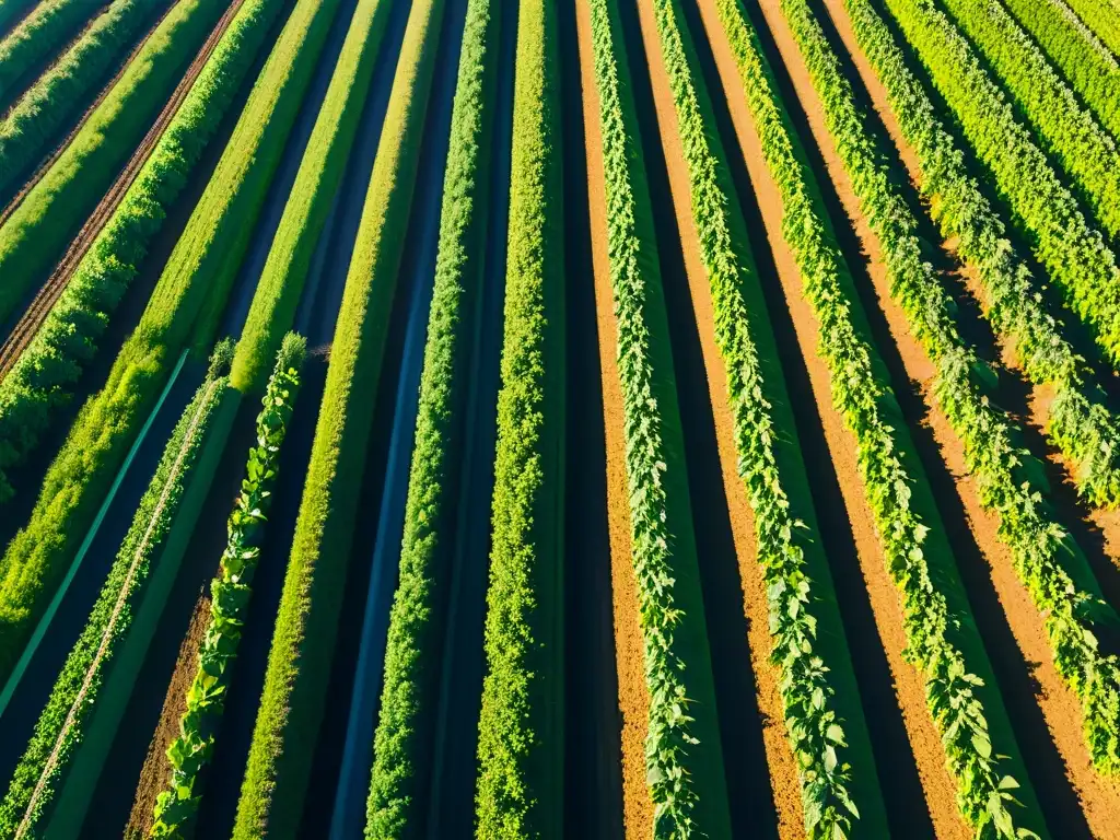 Campo orgánico vibrante: armonía sostenible Campo de cultivos orgánicos con suplementos nutricionales ecológicos sostenibles y moderna instalación agrícola al fondo, bajo el sol