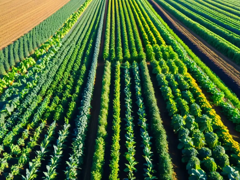 Campo fértil en armonía: Agricultura regenerativa Un campo exuberante y diverso de cultivos bajo el cielo azul