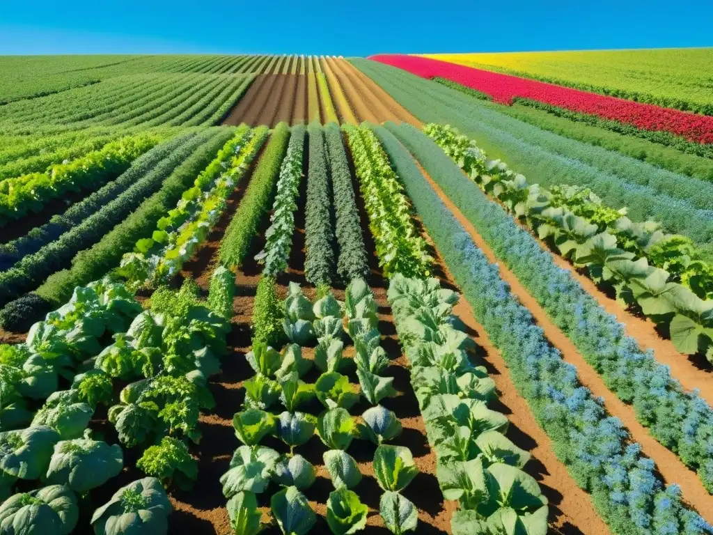 Campo orgánico vibrante y sostenible: belleza y productividad Un campo exuberante y vibrante de cultivos orgánicos se extiende hasta el horizonte, con frutas y verduras coloridas destacándose contra el cielo azul