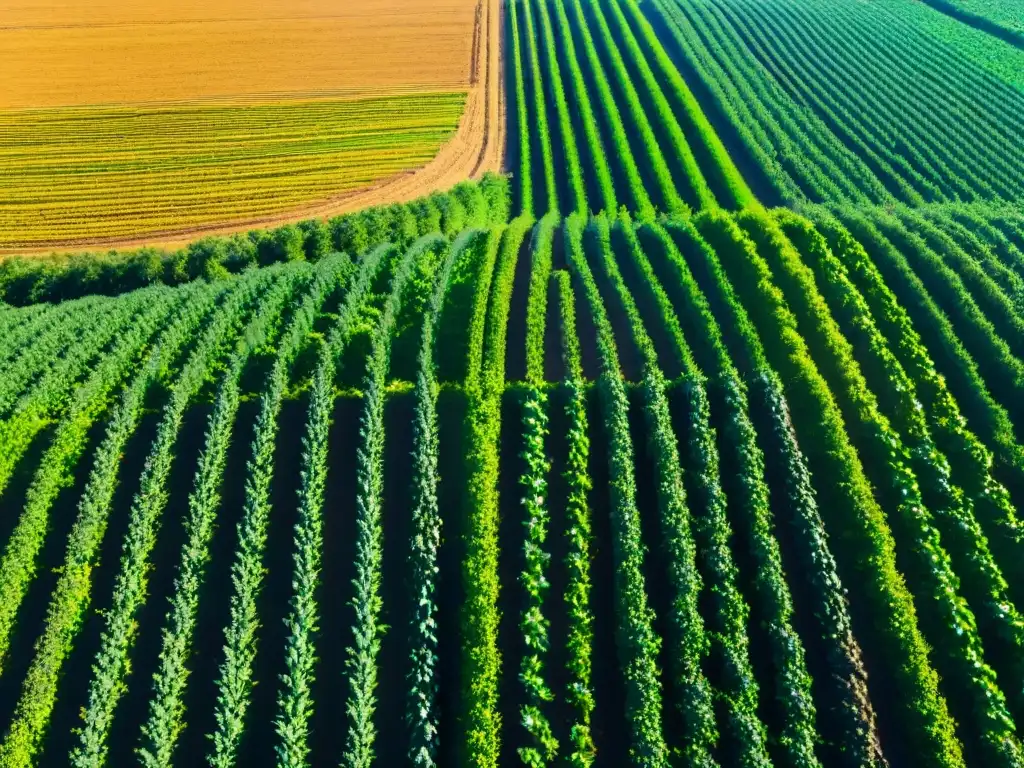 Campo fértil: Agricultura sostenible bajo el sol Campo fértil con cultivos, cielo azul y sol dorado