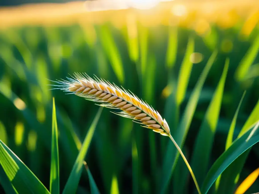 Un campo de trigo dorado bañado por el sol, con cada tallo y grano en foco