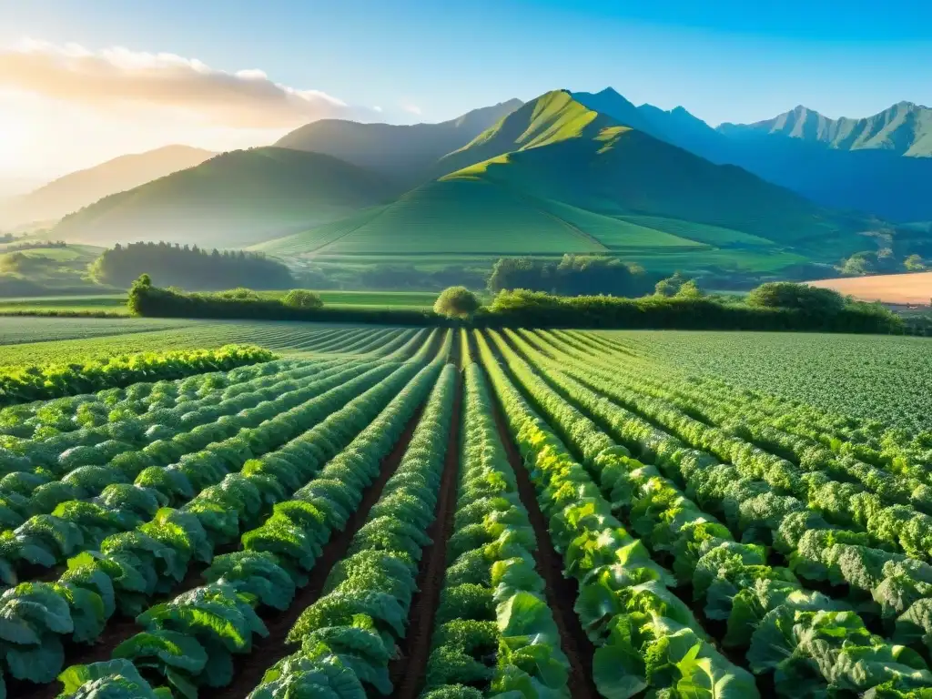 Campo ecológico de cultivos orgánicos bañados en luz dorada Un campo agrícola verde y exuberante con cultivos orgánicos bañados por el sol
