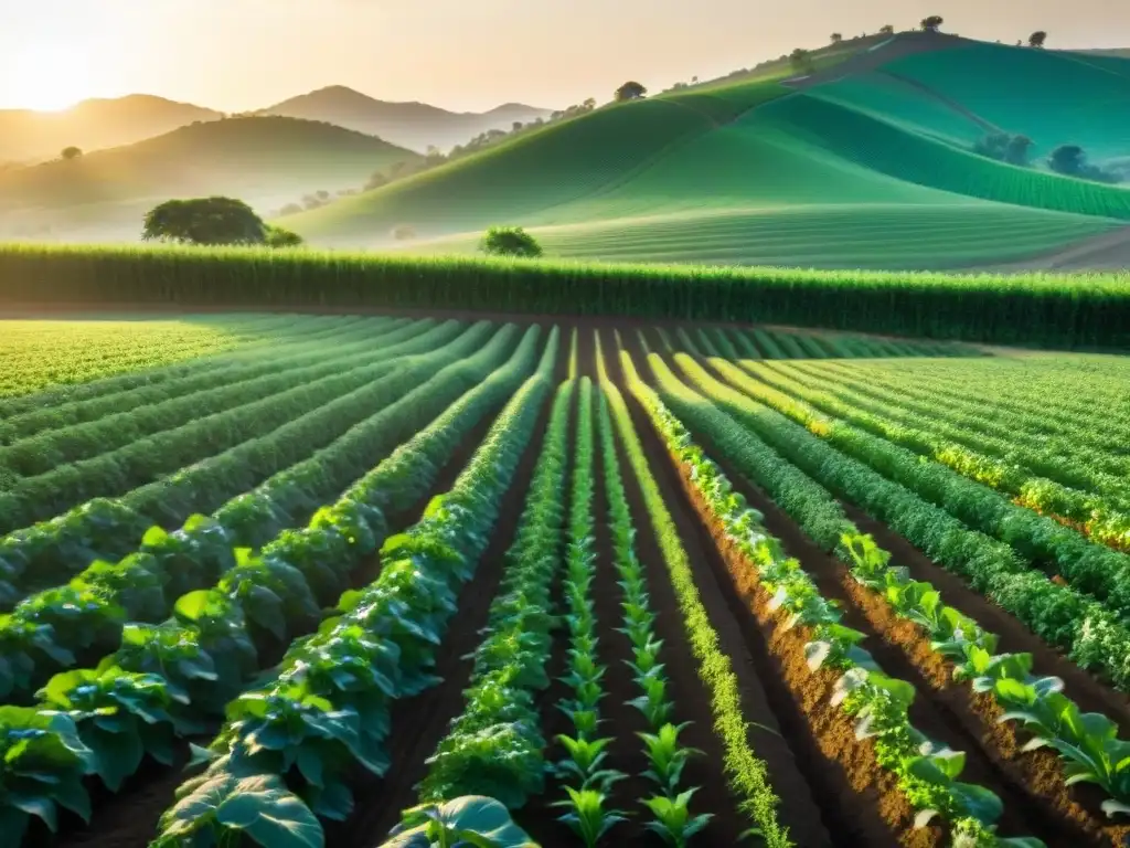 Granja ecológica: Armonía con la naturaleza Un campo verde exuberante y vibrante se extiende hacia el horizonte, con cultivos alineados en suelo fértil