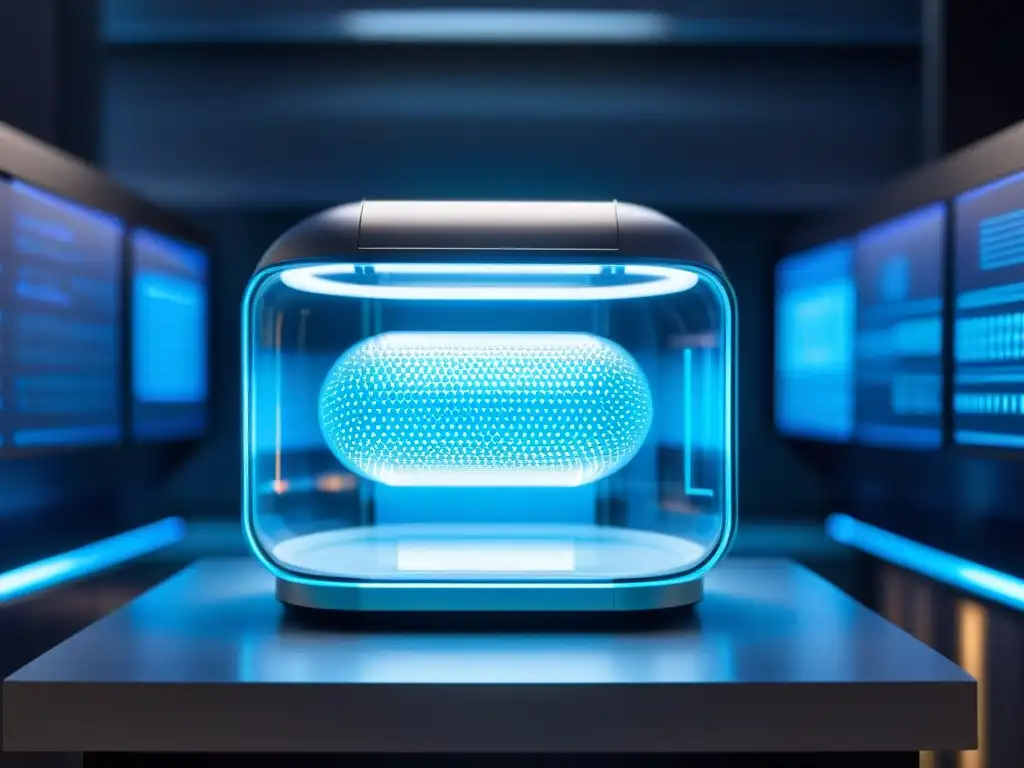 Avanzada cápsula genética iluminada en laboratorio futurista Una cápsula futurista transparente llena de material genético, iluminada por una tenue luz bioluminiscente azul en un laboratorio de alta tecnología