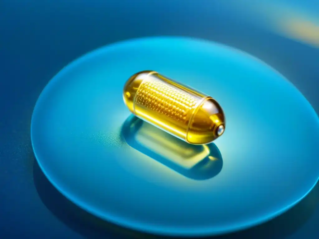 Omega 3 cápsula transparente con aceite dorado sobre peces azules Una cápsula de omega 3 transparente con aceite dorado brillante en su interior, rodeada de pequeños peces azules vibrantes