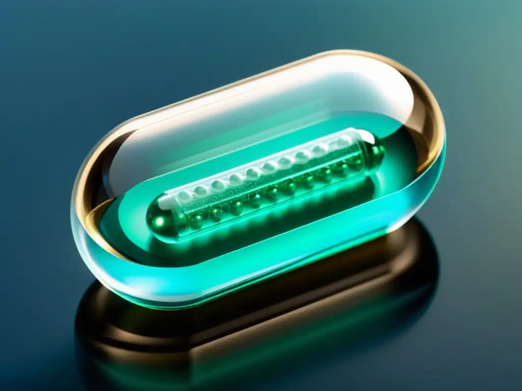 Avanzada tecnología de cápsulas de liberación prolongada Una cápsula transparente con diminutas cuentas de liberación prolongada en su interior, reflejando la avanzada tecnología de suplementos
