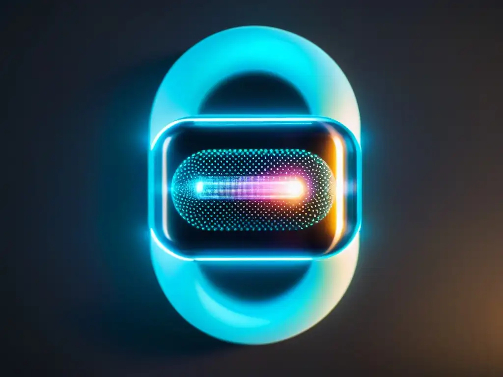 Píldora transparente futurista con brillo bioluminiscente Una cápsula transparente futurista llena de partículas bioluminiscentes, simbolizando la tecnología blockchain en suplementación nutricional