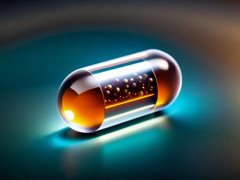 Nanotecnología: Cápsula de suplemento con nanopartículas metálicas Una cápsula transparente llena de nanopartículas metálicas, mostrando avances en nanotecnología en suplementos nutricionales