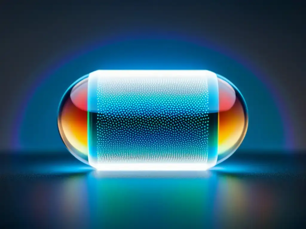 Nanoestructuras: Innovación en Azul Una cápsula transparente llena de partículas de nanotecnología con diseño intrincado, iluminada por un suave resplandor azul futurista