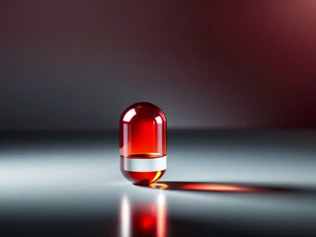 Una cápsula transparente de suplemento de vitamina B12 con líquido rojo brillante en su interior, iluminada suavemente, exudando pureza y eficacia