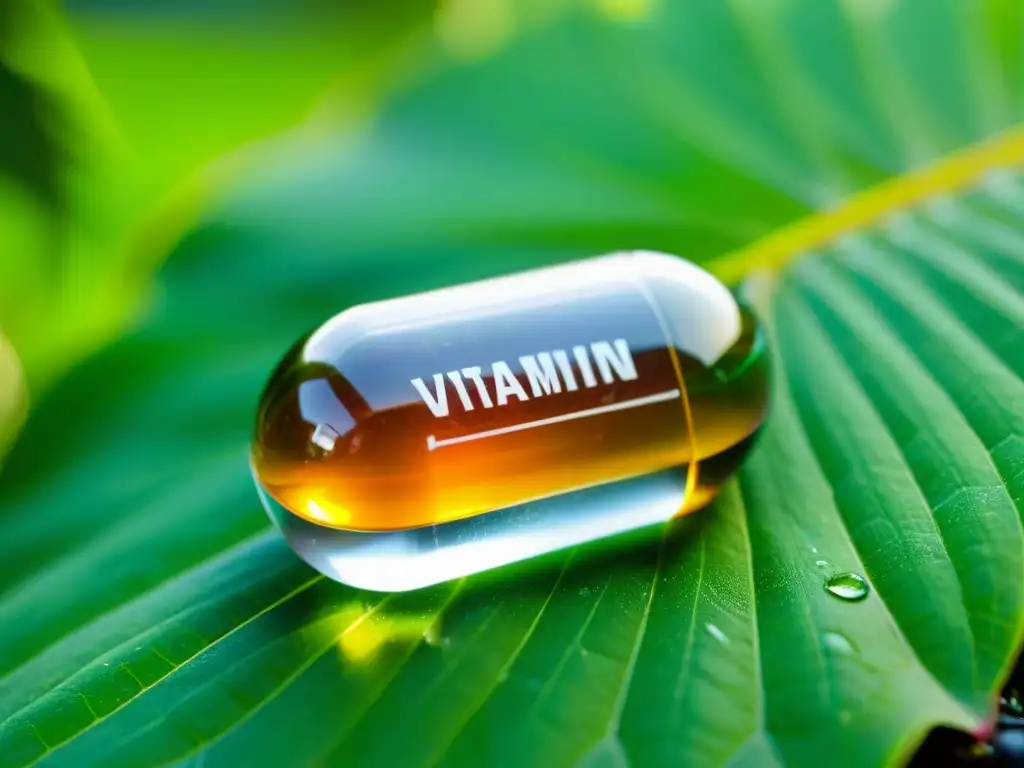 Vitamina E: Belleza natural en cápsula Una cápsula de vitamina E se destaca entre hojas verdes exuberantes con gotas de agua, mostrando los beneficios para la piel y el cabello