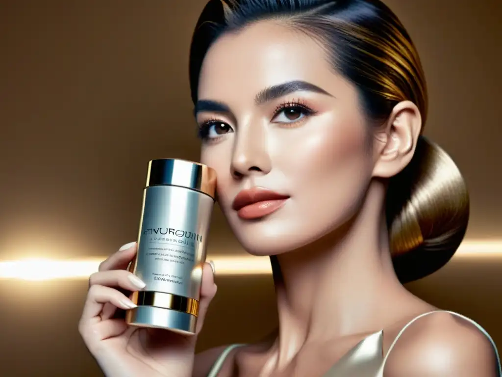 Exclusiva celebridad promociona elegantes suplementos antienvejecimiento Una celebridad famosa sostiene elegante frasco de suplementos antienvejecimiento premium en un entorno de lujo y sofisticación