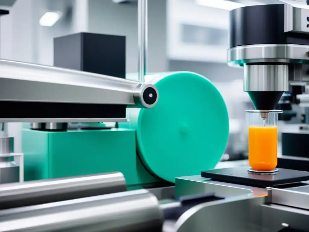 Maquinaria farmacéutica de vanguardia en instalación futurista Un centro de fabricación de suplementos deportivos revela tecnología de vanguardia y precisión, con un diseño futurista y colores vibrantes