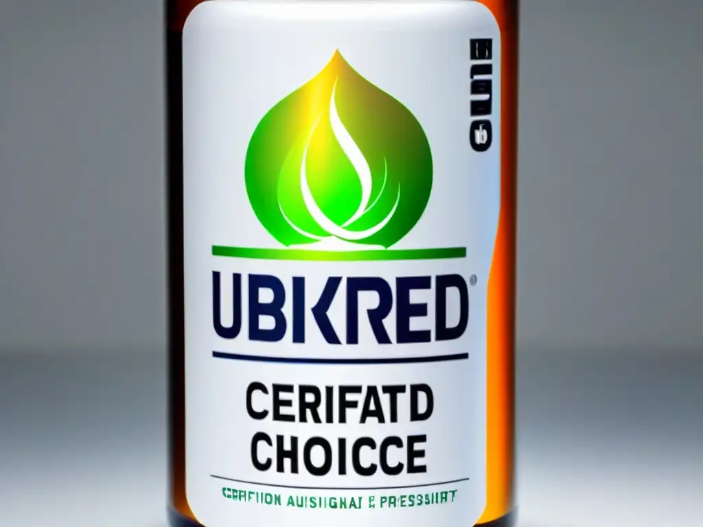 Insignia de Certificación InformedChoice en Botella de Suplemento Certificaciones InformedChoice protegen consumidor: Detalle de logo en botella de suplemento, transmite transparencia y calidad