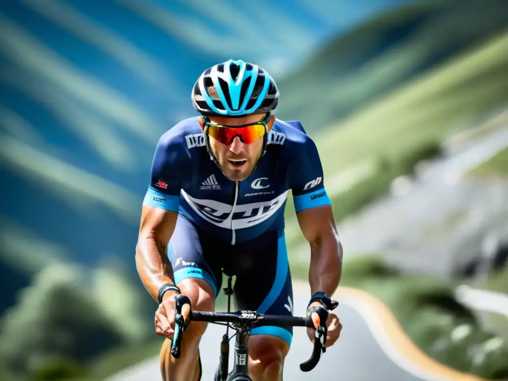 Desafío ciclista: Café y Determinación en la Montaña Un ciclista profesional se esfuerza en una intensa carrera en la montaña, mostrando los efectos de la cafeína en el deporte