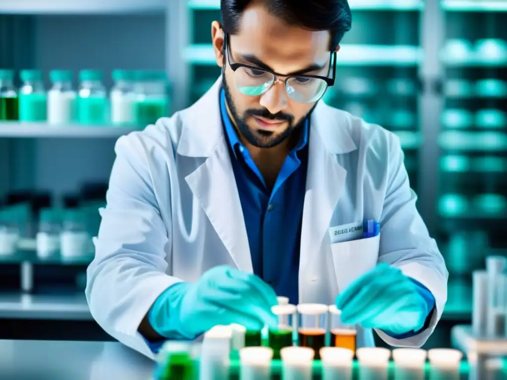Preparación científica de suplementos para recuperación post-entrenamiento Un científico en bata blanca mezcla suplementos en un laboratorio brillante y moderno