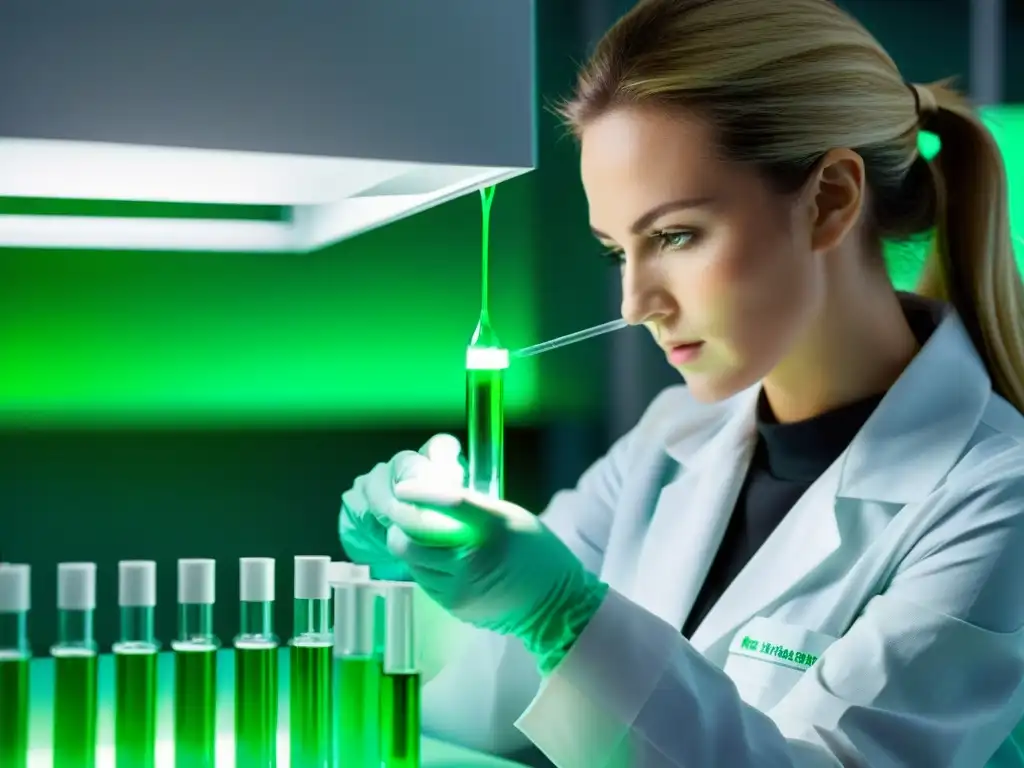 Experto en laboratorio pipeteando líquido verde brillante Un científico en bata blanca pipetea líquido verde en un vial futurista