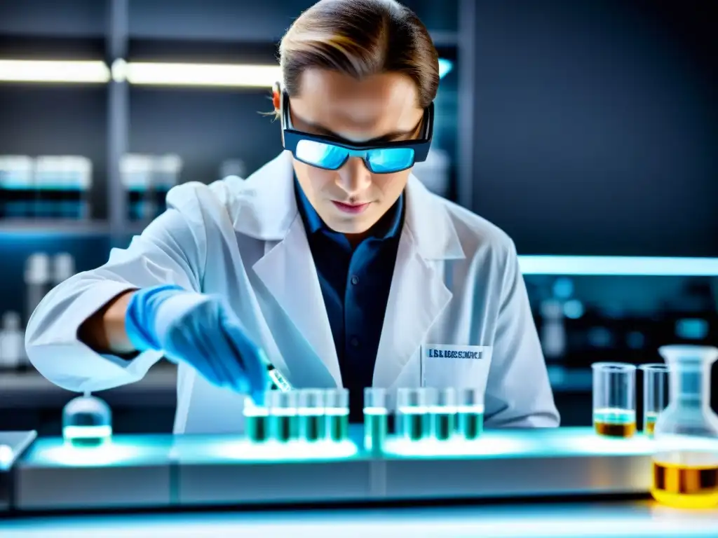 Experto en laboratorio dosificando zinc con precisión Un científico en bata mide y dispensa dosis precisas de zinc en un laboratorio futurista