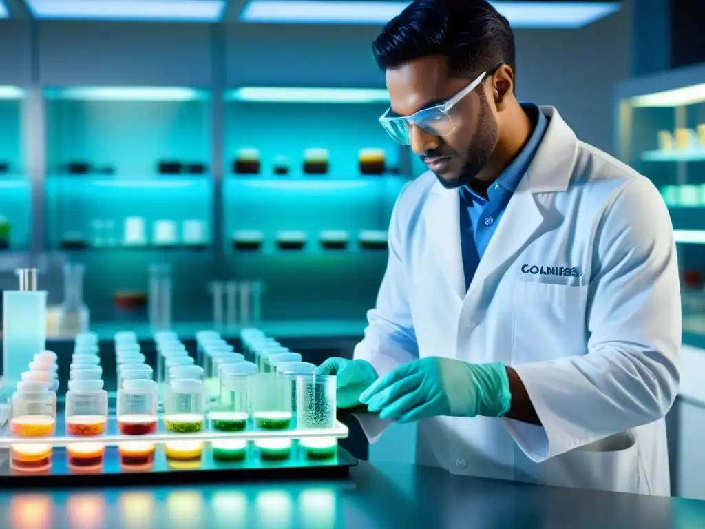 Exploración microbiana en laboratorio de vanguardia Un científico examina colonias de bacterias en un laboratorio moderno