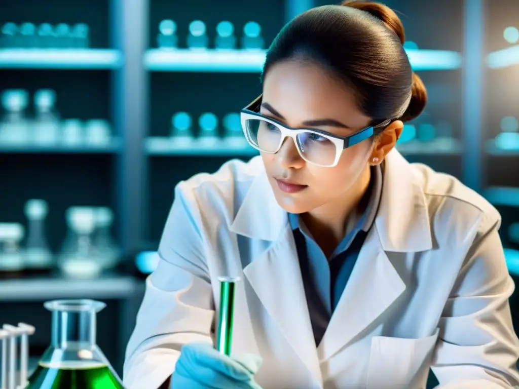 Análisis preciso de L-teanina: potencial cognitivo Un científico analiza la estructura molecular de la Lteanina en un laboratorio moderno, destacando sus efectos en salud mental