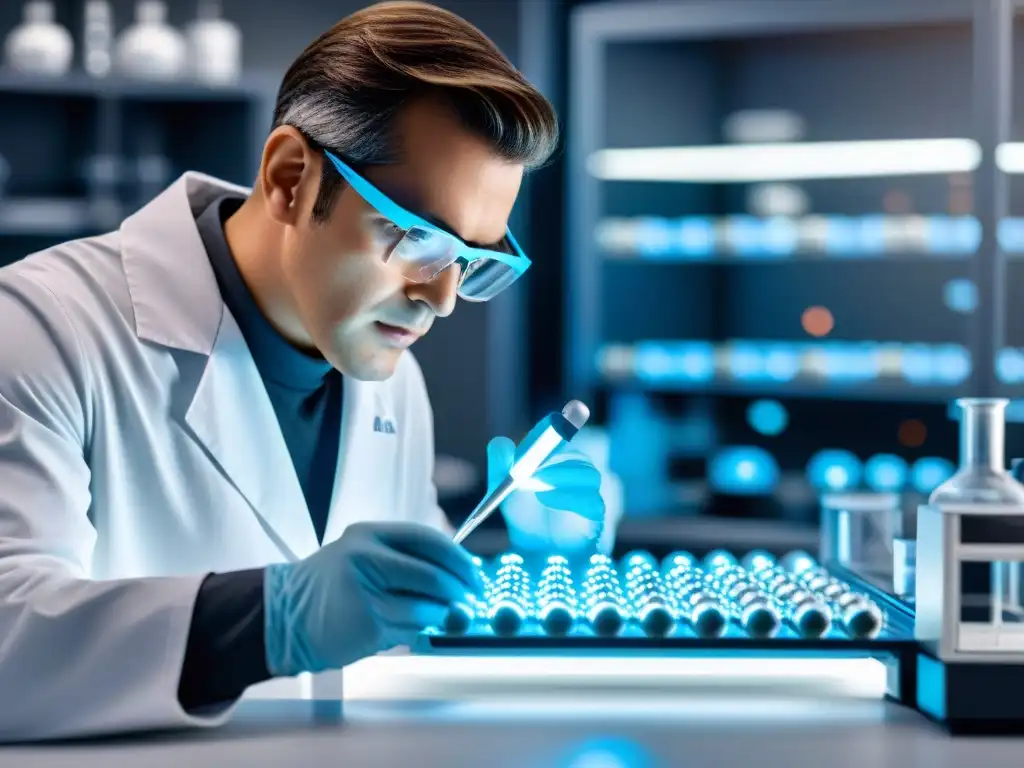 Análisis de suplementos de calcio: precisión y sofisticación Un científico analiza detalladamente la estructura molecular de un suplemento de calcio en un laboratorio de vanguardia
