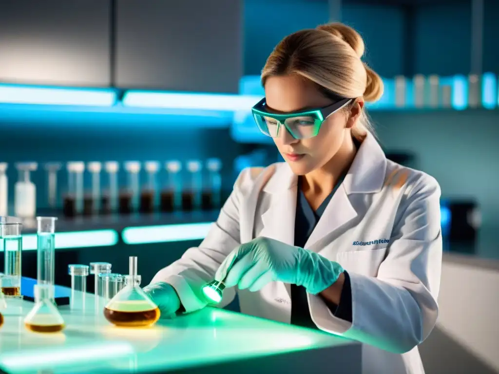 Avanzada investigación de Ashwagandha en laboratorio moderno Un científico maneja un extracto de Ashwagandha en un laboratorio moderno, destacando el poder del Ashwagandha para vitalidad hormonal