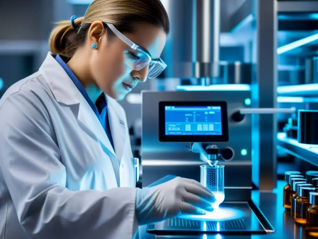 Experto en laboratorio preparando fórmulas innovadoras Un científico farmacéutico mide con precisión ingredientes clave para suplementos de liberación prolongada en un laboratorio de alta tecnología