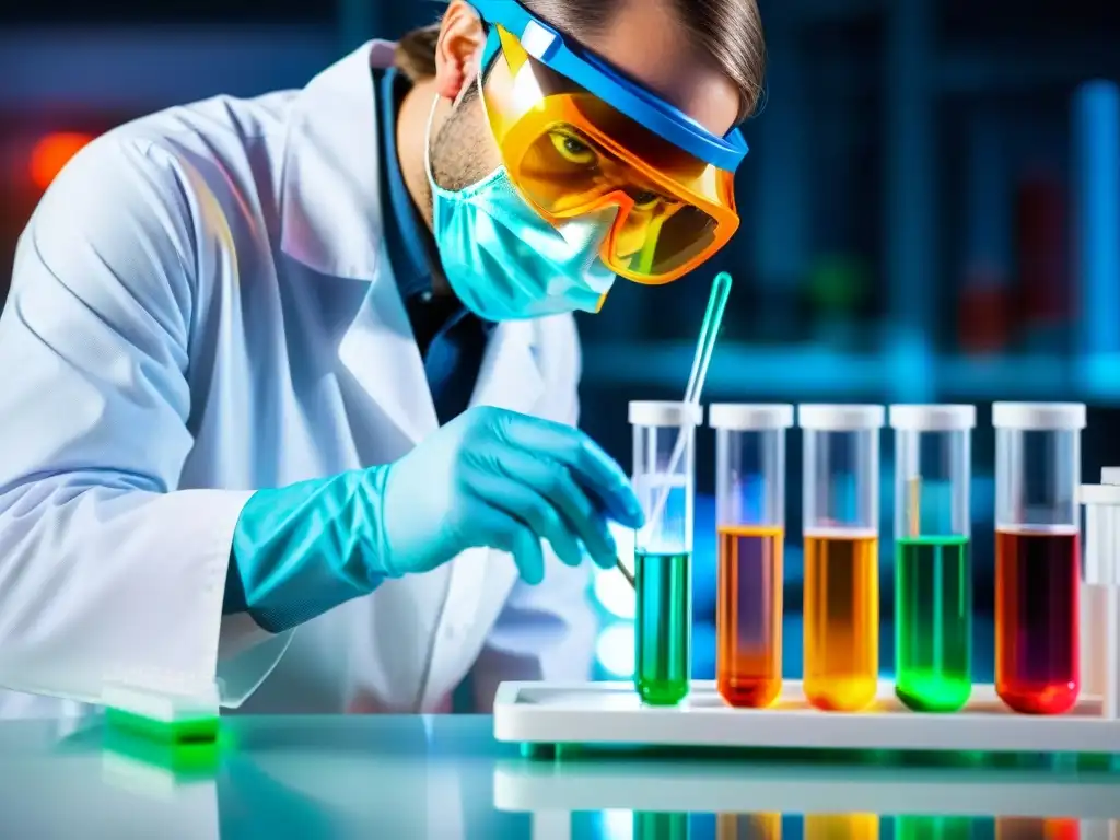 Experimento de laboratorio: precisión y color Un científico de laboratorio en bata blanca pipetea líquido en un tubo de ensayo