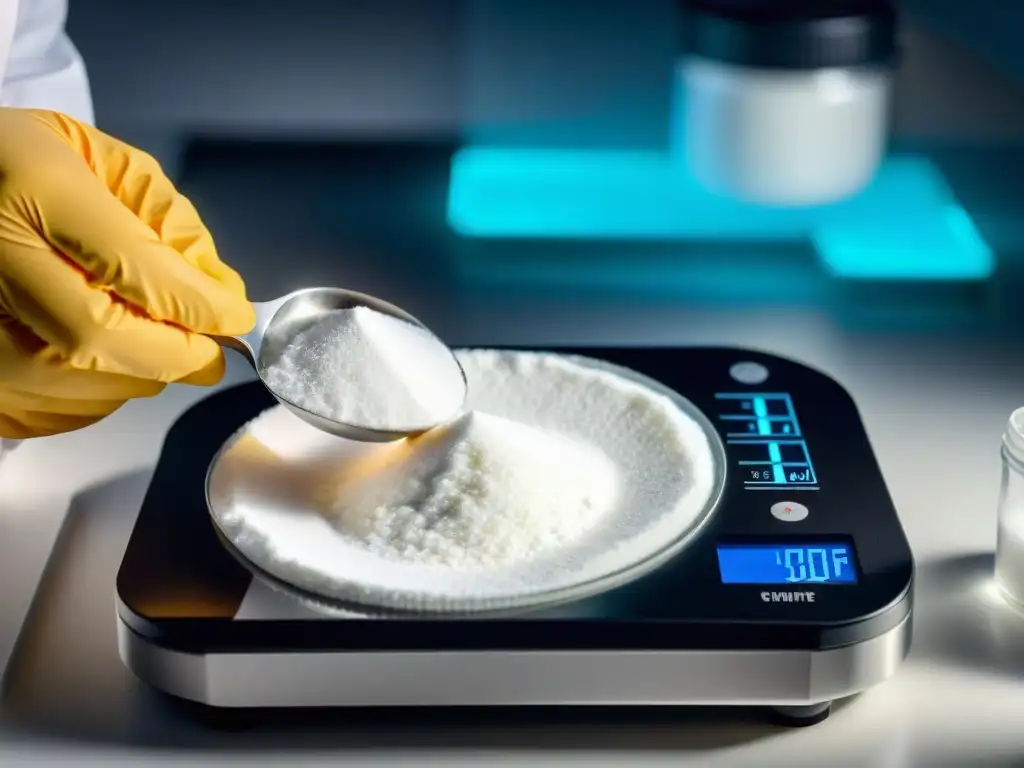 Medición precisa de creatina en polvo: pureza científica Un científico de laboratorio mide con precisión polvo de creatina monohidratada en una balanza digital