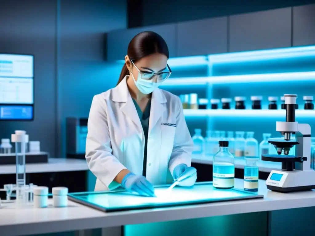 Moderno laboratorio de CoQ10: científico midiendo precisamente Un científico en un laboratorio futurista mide suplementos CoQ10 para el corazón, rodeado de tecnología de vanguardia y equipamiento científico