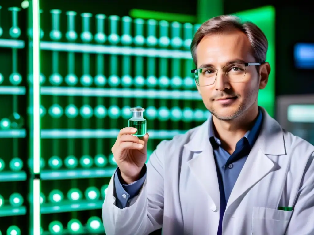 Experimento de lantano: científico en laboratorio de vanguardia Un científico en un laboratorio moderno sostiene con cuidado un vial de solución de lantano, revelando la estructura cristalina del compuesto