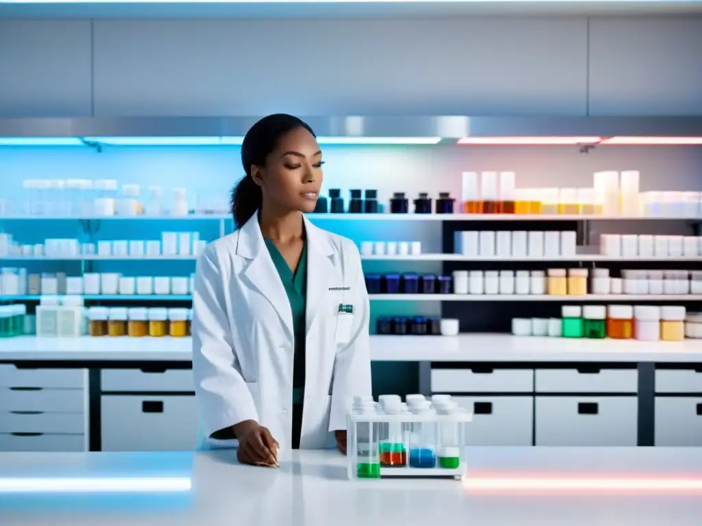 Scientist preparing colorful supplements in modern lab Un científico en un laboratorio moderno mide con precisión interacciones antidepresivos suplementos en un ambiente sereno y profesional