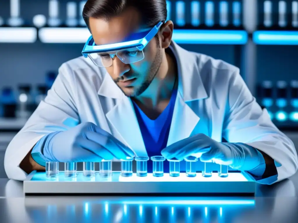 Experto en laboratorio mezcla nootrópicos Un científico en un laboratorio moderno mide con precisión suplementos nootrópicos para atletas, con un ambiente profesional y vanguardista