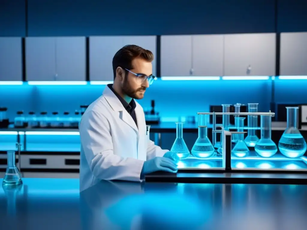 Síntesis de nanopartículas de plata: ciencia avanzada en laboratorio Un científico en un laboratorio moderno sintetiza y prueba nanopartículas de plata para la producción de plata coloidal