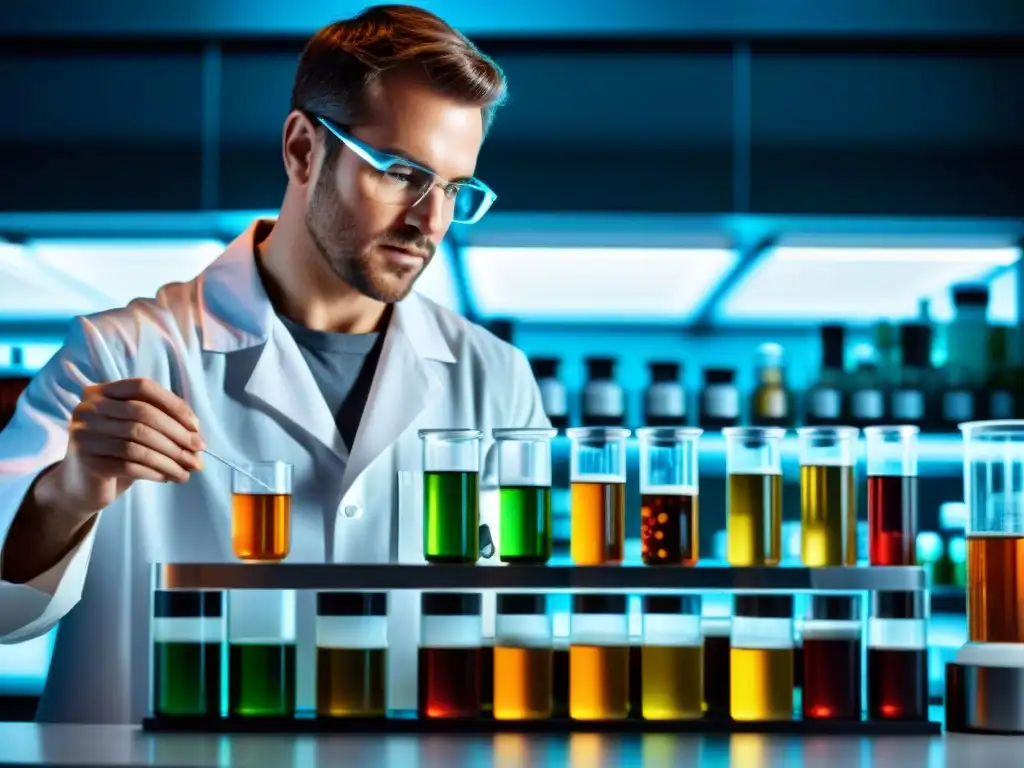 Experto en laboratorio crea suplementos nutricionales personalizados Un científico en un laboratorio mide y mezcla nutrientes en modernos recipientes