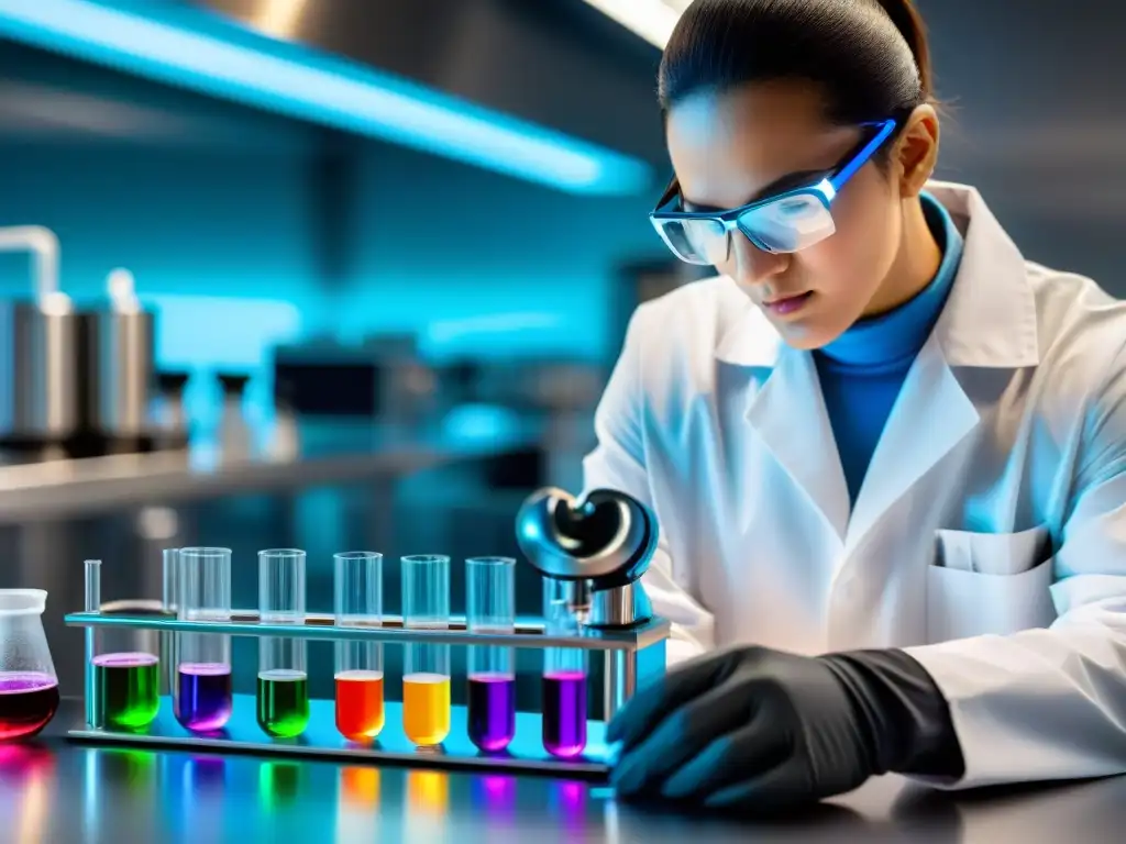 Laboratorio de Suplementos: Precisión y Modernidad Un científico vierte líquido colorido en un tubo de ensayo en un moderno laboratorio, reflejando precisión y avance en el camino suplemento laboratorio botiquín