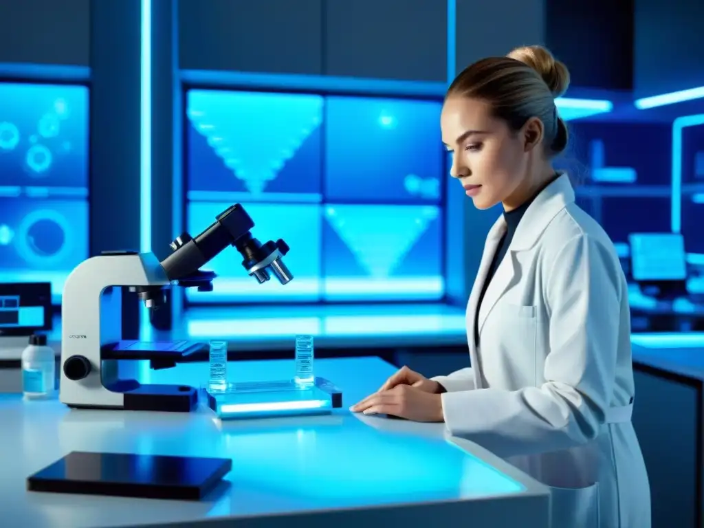 Un científico analiza una muestra de ADN en un laboratorio ultramoderno, rodeado de tecnología avanzada y luces azules futuristas