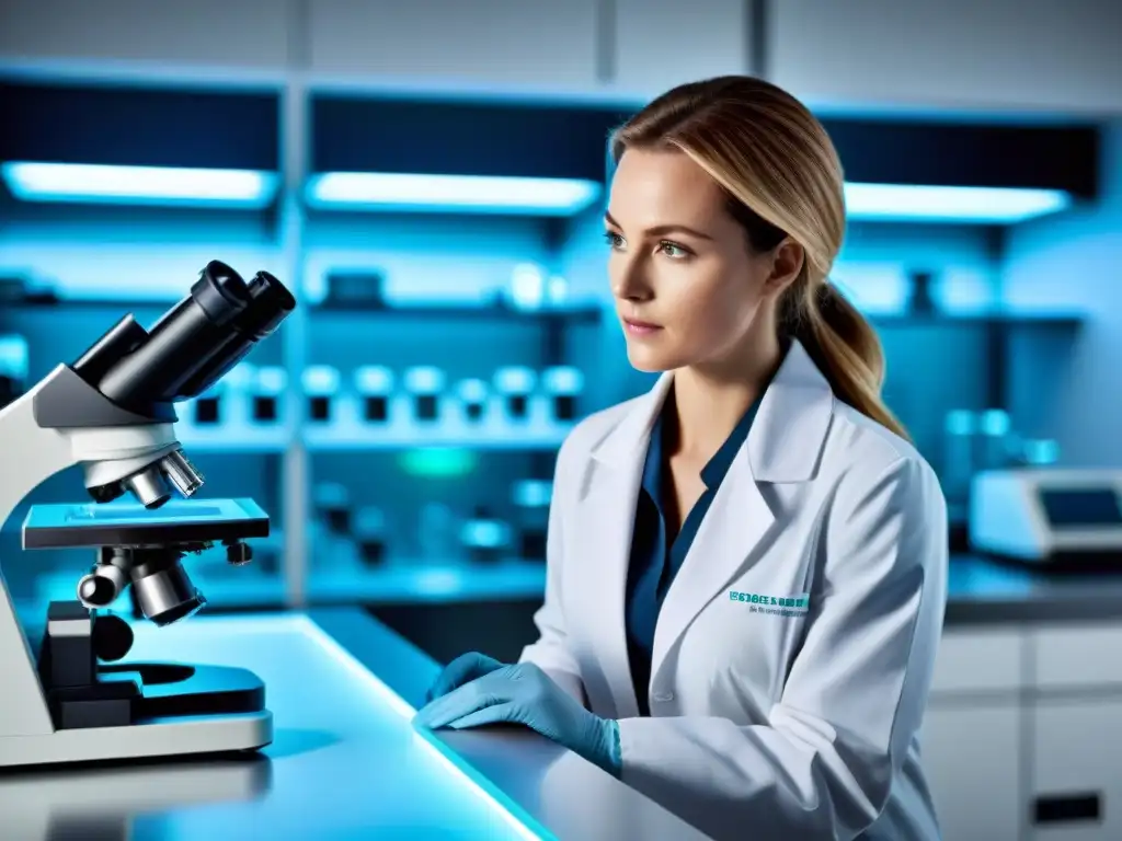 Lab moderno con científico analizando muestra bajo microscopio Un científico analiza muestras bajo un microscopio en un laboratorio moderno con tecnología de vanguardia