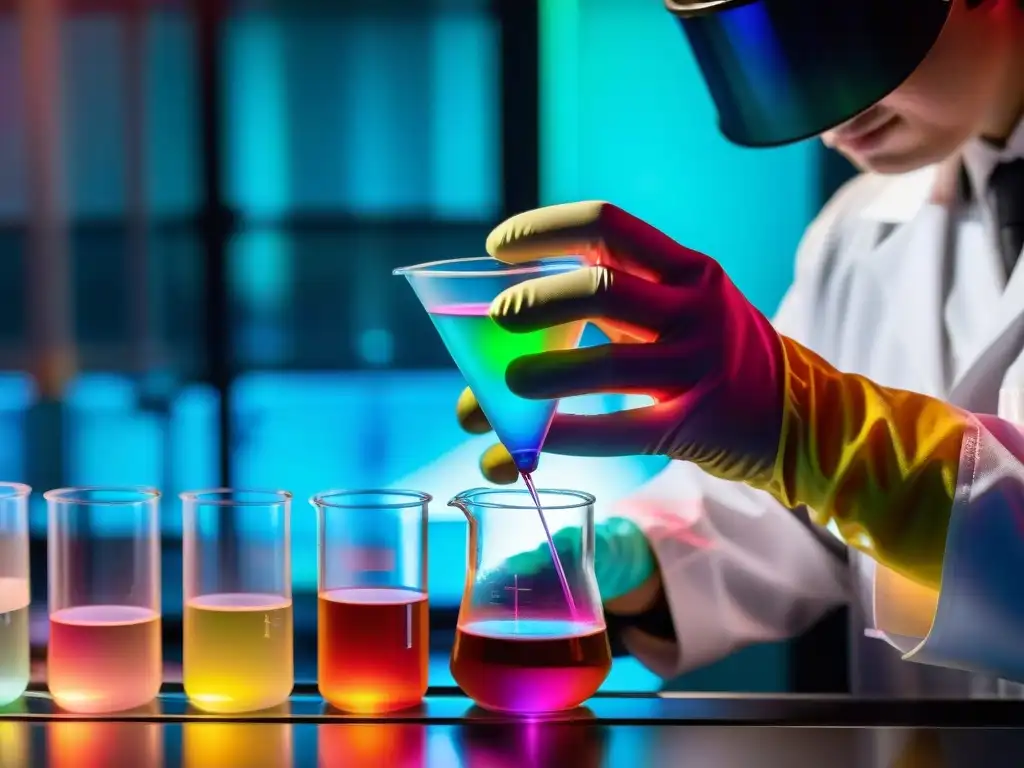 Preparación precisa de lantanium en laboratorio Un científico vierte con precisión una solución de lantano en un matraz, con luces refractadas creando prismas coloridos