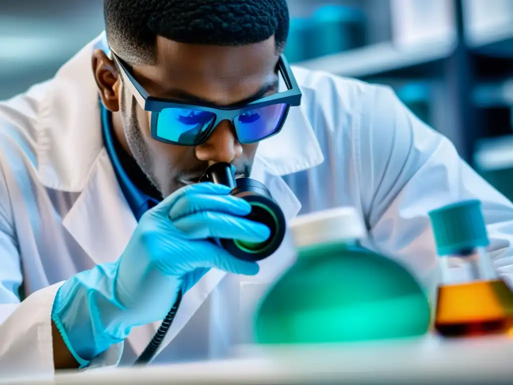 Análisis detallado de suplementos deportivos bajo microscopio Un científico analiza con precisión un suplemento deportivo en el laboratorio, revelando sustancias prohibidas
