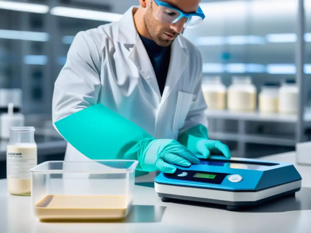 Análisis preciso de proteínas en laboratorio de vanguardia Un científico mide con precisión suplementos proteicos en un laboratorio moderno
