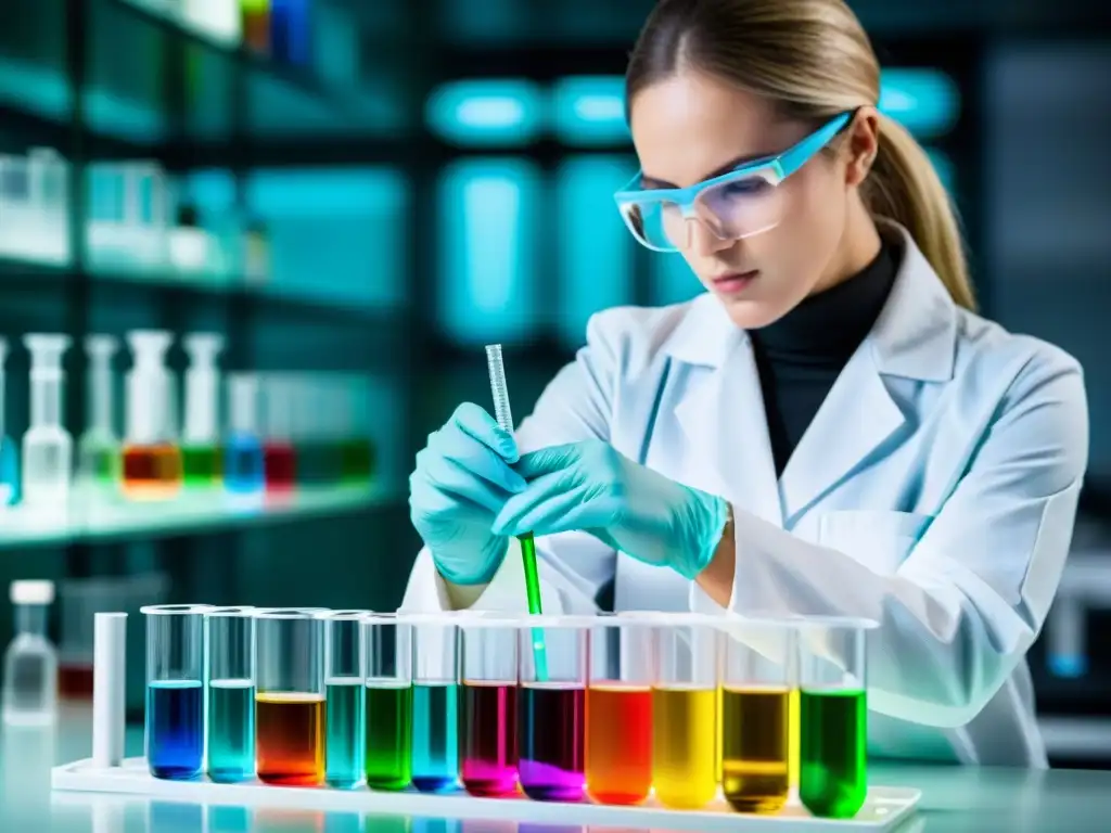 Experimento de aminoácidos esenciales: laboratorio moderno Un científico pipetea cuidadosamente una solución colorida en un tubo de ensayo en un laboratorio moderno y bien iluminado