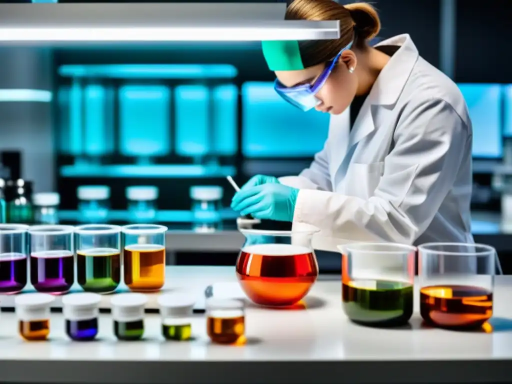 Mezcla precisa: científico en laboratorio con suplementos nutricionales Un científico mezcla suplementos nutricionales naturales y sintéticos en un moderno laboratorio