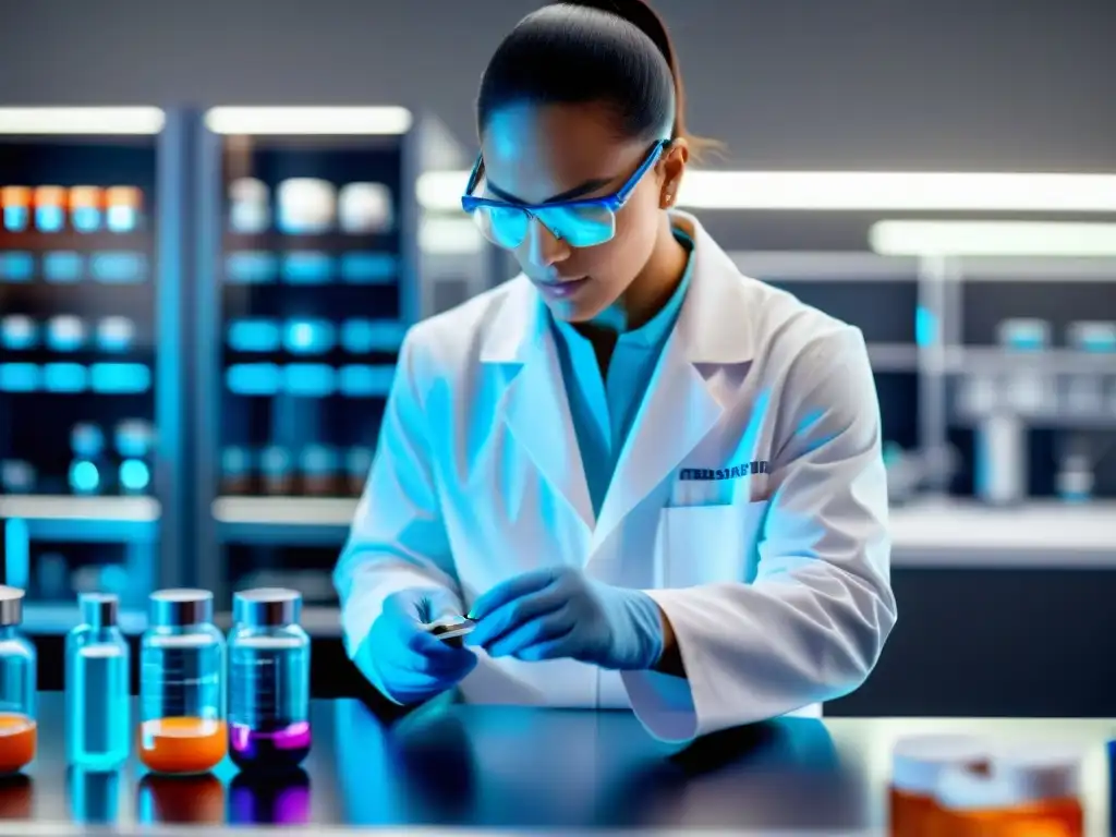 Mezcla precisa de taurina en laboratorio futurista Un científico mide y mezcla suplementos de taurina en un moderno laboratorio, resaltando la importancia de la taurina para deportistas